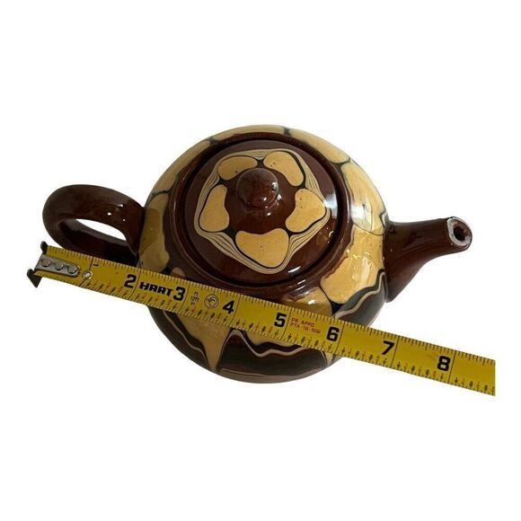 Vintage Redware Teapot Made Bulgaria Flower Fading Brown Yellow Drip Glaze READ - Picture 11 of 14